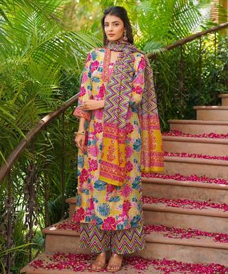Women yellow rayon blend floral printed straight kurta palazzos with dupatta 5