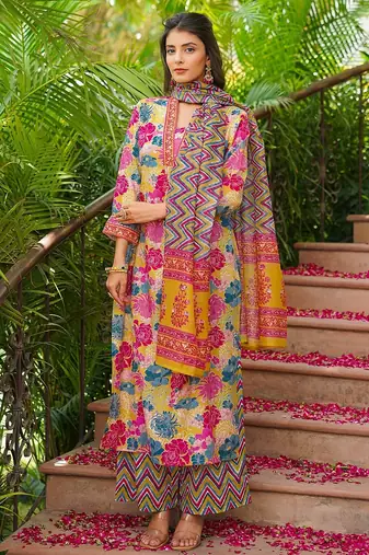 Women yellow rayon blend floral printed straight kurta palazzos with dupatta