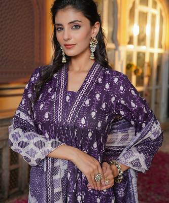 Women purple rayon blend batik printed straight kurta palazzos with dupatta 2