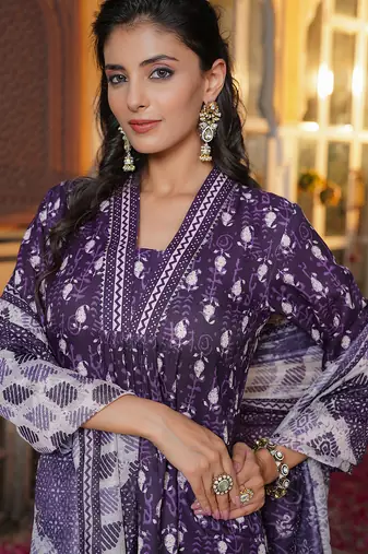 Women purple rayon blend batik printed straight kurta palazzos with dupatta