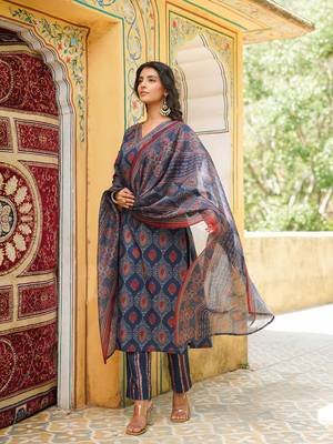 Women blue rayon blend ethnic motifs printed straight kurta trousers with dupatta 3