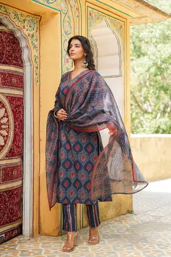 Women blue rayon blend ethnic motifs printed straight kurta trousers with dupatta