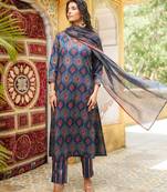 Women blue rayon blend ethnic motifs printed straight kurta trousers with dupatta