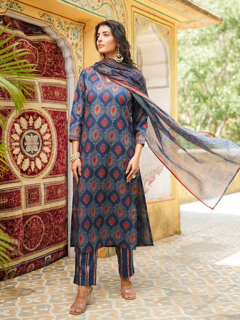 Women blue rayon blend ethnic motifs printed straight kurta trousers with dupatta