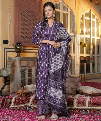 Women purple rayon blend batik printed straight kurta palazzos with dupatta 1