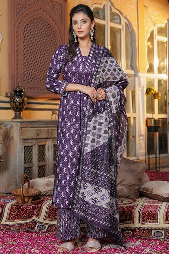Women purple rayon blend batik printed straight kurta palazzos with dupatta