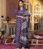 Women purple rayon blend batik printed straight kurta palazzos with dupatta