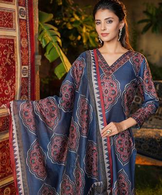 Women blue rayon blend ethnic motifs printed straight kurta trousers with dupatta 1
