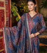 Women blue rayon blend ethnic motifs printed straight kurta trousers with dupatta