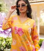 Women yellow silk blend floral printed straight kurta trousers with dupatta