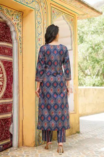 Women blue rayon blend ethnic motifs printed straight kurta trousers with dupatta