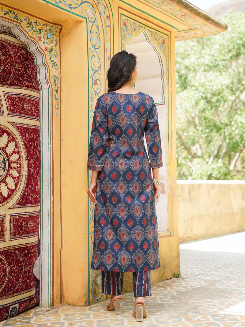 Women blue rayon blend ethnic motifs printed straight kurta trousers with dupatta