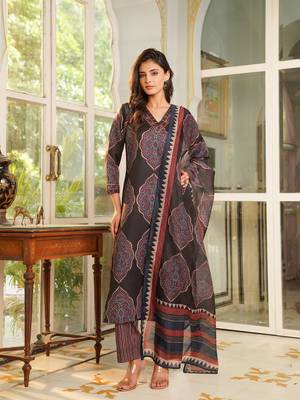 Women black rayon blend ethnic motifs printed straight kurta trousers with dupatta 1