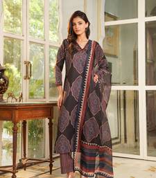 Women black rayon blend ethnic motifs printed straight kurta trousers with dupatta
