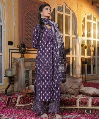 Women purple rayon blend batik printed straight kurta palazzos with dupatta 3