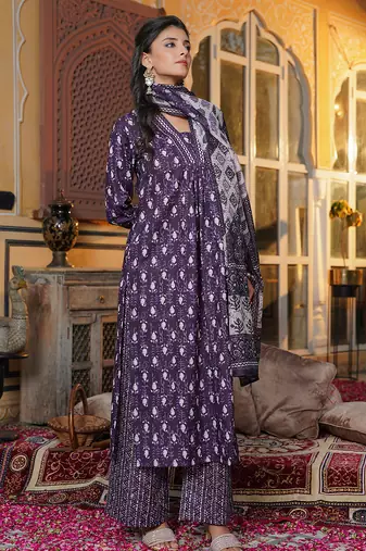 Women purple rayon blend batik printed straight kurta palazzos with dupatta