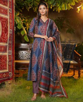 Women blue rayon blend ethnic motifs printed straight kurta trousers with dupatta 2