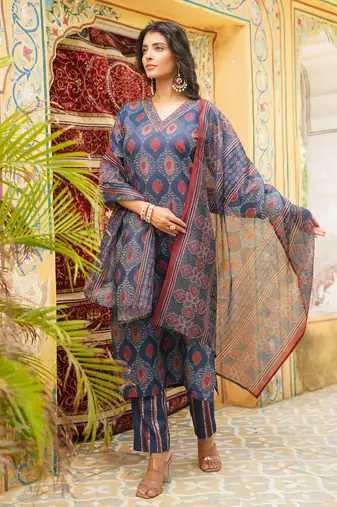 Women blue rayon blend ethnic motifs printed straight kurta trousers with dupatta