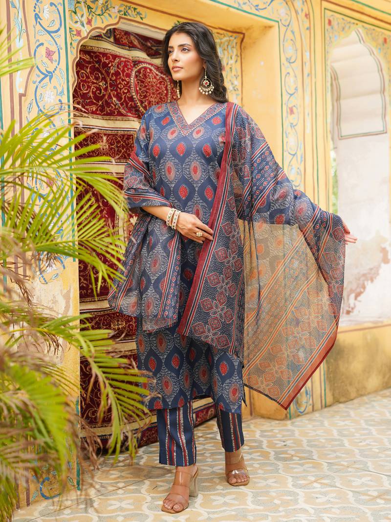 Women blue rayon blend ethnic motifs printed straight kurta trousers with dupatta