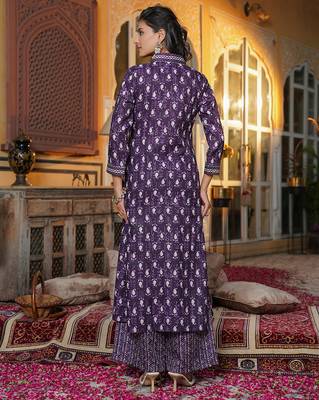 Women purple rayon blend batik printed straight kurta palazzos with dupatta 4
