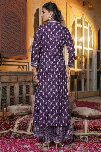 Women purple rayon blend batik printed straight kurta palazzos with dupatta