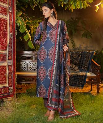 Women blue rayon blend ethnic motifs printed straight kurta trousers with dupatta 3