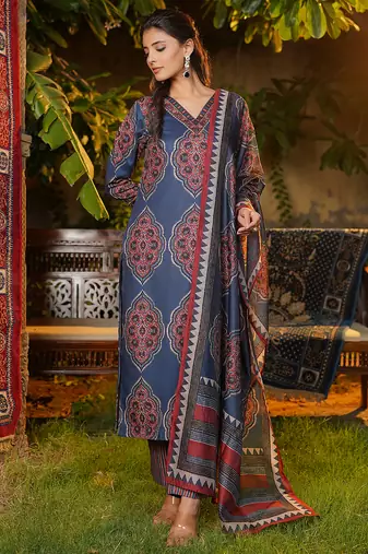 Women blue rayon blend ethnic motifs printed straight kurta trousers with dupatta