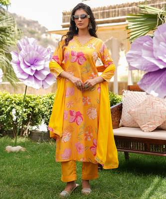 Women yellow silk blend floral printed straight kurta trousers with dupatta 2