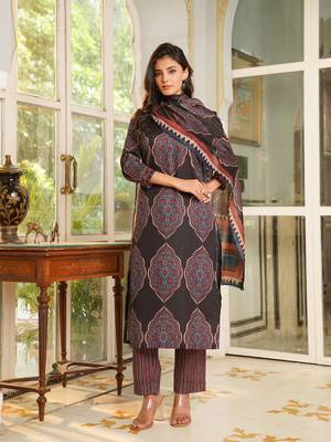 Women black rayon blend ethnic motifs printed straight kurta trousers with dupatta 3