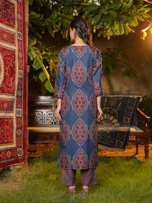 Women blue rayon blend ethnic motifs printed straight kurta trousers with dupatta 4