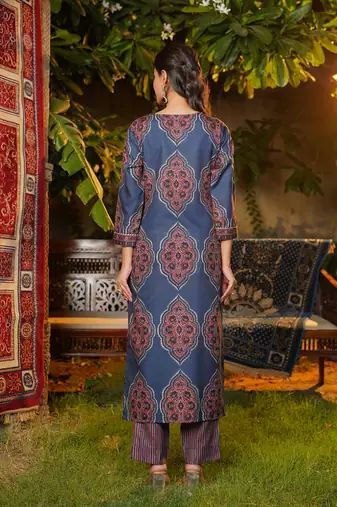 Women blue rayon blend ethnic motifs printed straight kurta trousers with dupatta