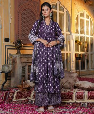 Women purple rayon blend batik printed straight kurta palazzos with dupatta 5