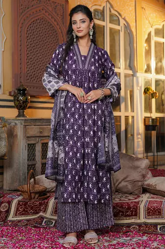 Women purple rayon blend batik printed straight kurta palazzos with dupatta