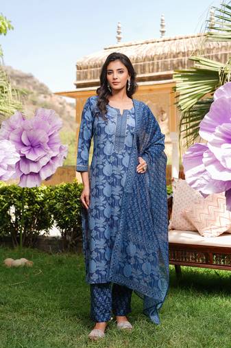 Women blue rayon blend floral printed straight kurta trousers with dupatta