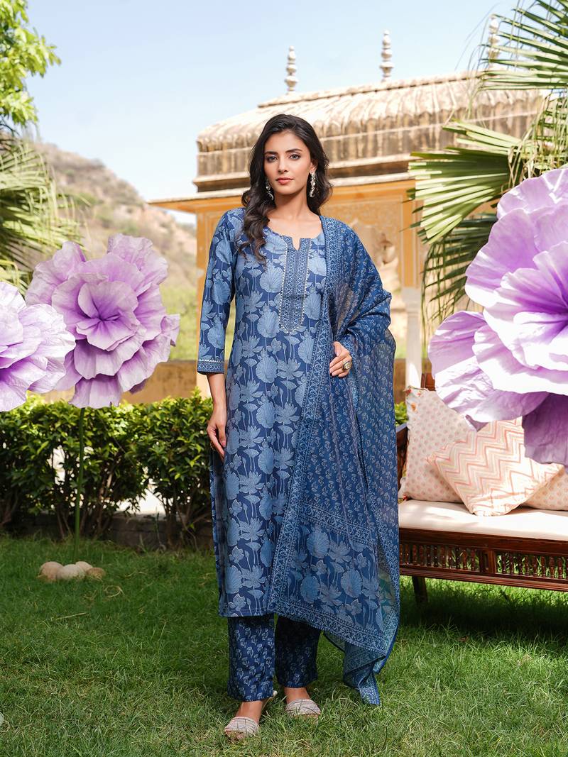 Women blue rayon blend floral printed straight kurta trousers with dupatta
