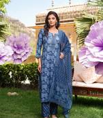 Women blue rayon blend floral printed straight kurta trousers with dupatta