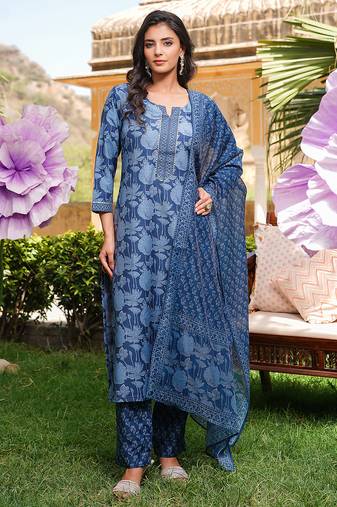 Women blue rayon blend floral printed straight kurta trousers with dupatta