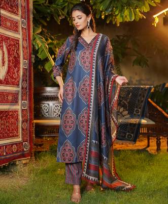 Women blue rayon blend ethnic motifs printed straight kurta trousers with dupatta 5