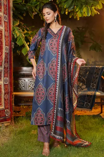 Women blue rayon blend ethnic motifs printed straight kurta trousers with dupatta