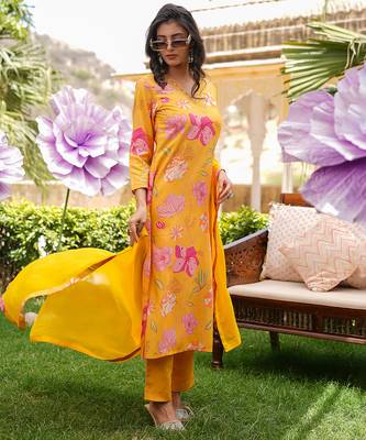 Women yellow silk blend floral printed straight kurta trousers with dupatta 3