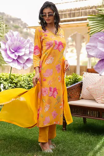 Women yellow silk blend floral printed straight kurta trousers with dupatta