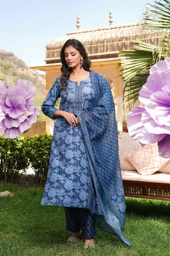 Women blue rayon blend floral printed straight kurta trousers with dupatta