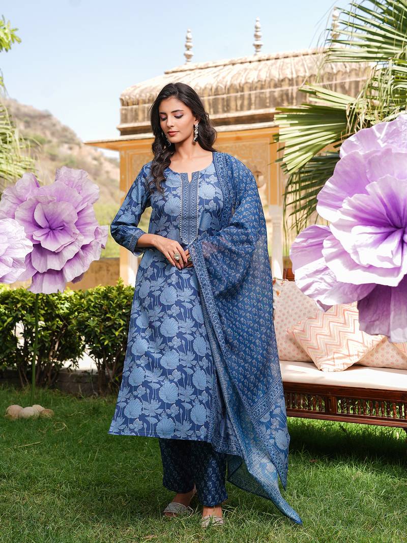 Women blue rayon blend floral printed straight kurta trousers with dupatta