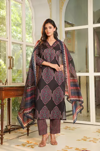 Women black rayon blend ethnic motifs printed straight kurta trousers with dupatta