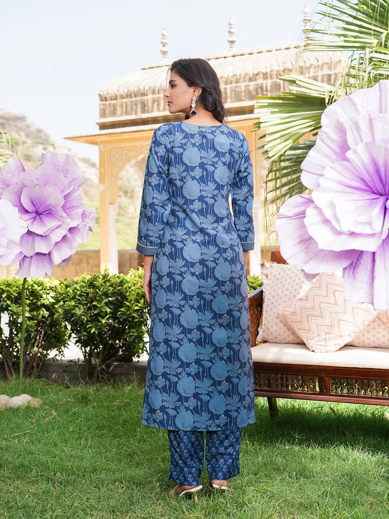Women blue rayon blend floral printed straight kurta trousers with dupatta