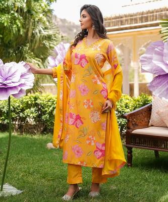 Women yellow silk blend floral printed straight kurta trousers with dupatta 5