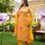 Women yellow silk blend floral printed straight kurta trousers with dupatta