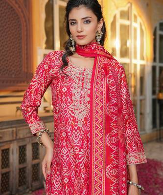 Women red silk blend ikat embroidered straight kurta trousers with dupatta 1