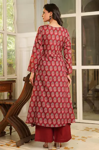 Women maroon rayon blend floral printed a-line kurta palazzos with dupatta