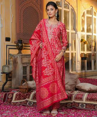 Women red silk blend ikat embroidered straight kurta trousers with dupatta 2